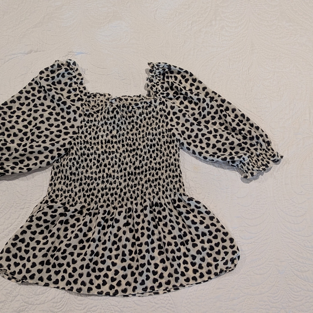 Max Studio Black and White Peplum Smocked Top with Puff Sleeves
